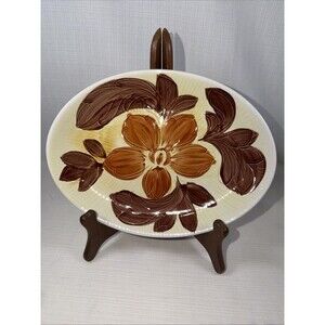 Corona Stoneware 10.5" Platter - Retro 1960s Hand Painted Brown Floral - Japan